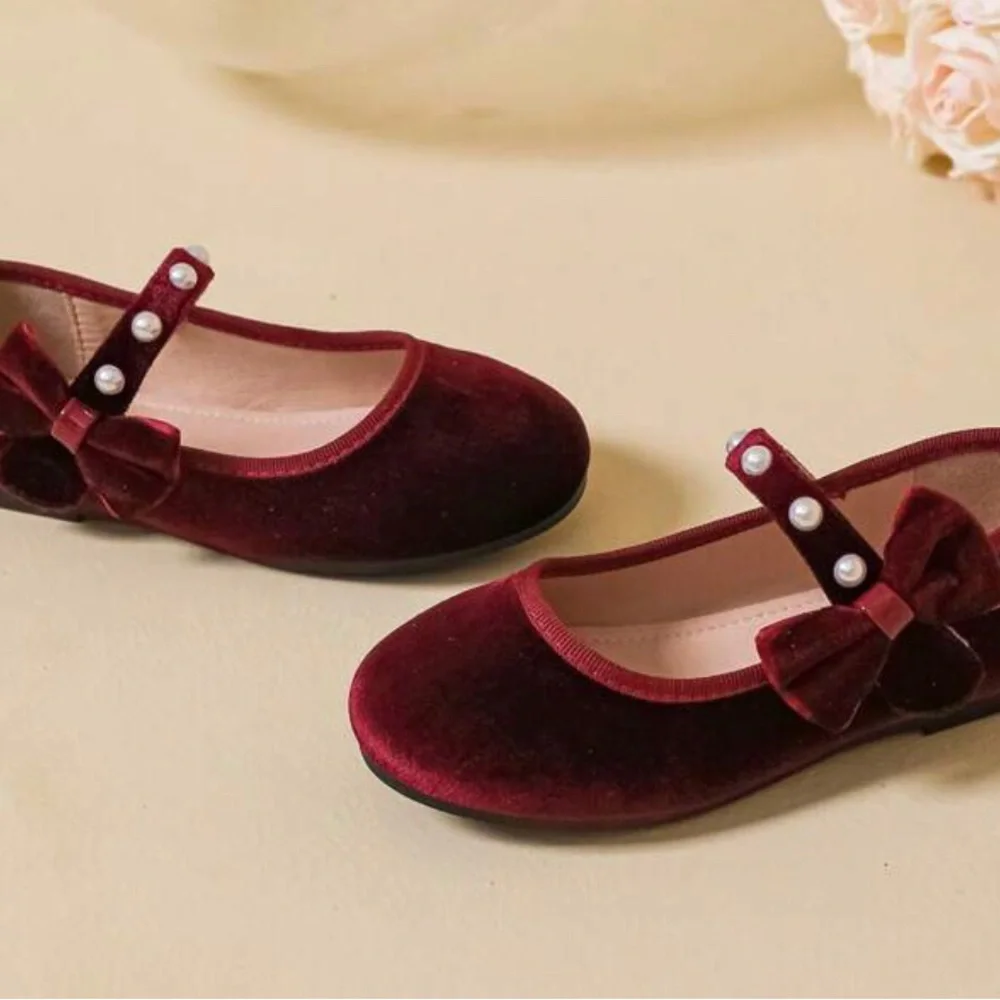 Girls Velvet Mary Jane Shoes with Pearl Strap - Burgundy Size 1